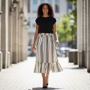 No. 9 Store Silk Skirt Flouncy Blk/Beige/Yellow Stripe Ruffle Front Pockets Sz 2